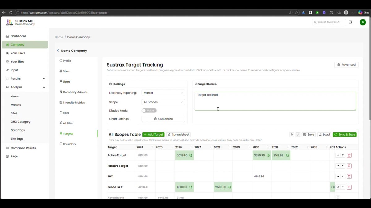 Sustrax MX target tracking screen with active, passive and custom target rows